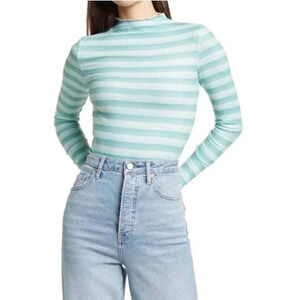 NEW Cali Be Women's Size Medium Light Blue Stripe Ribbed Mock Neck Top